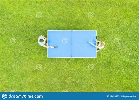 Aerial View People Playing Ping Pong Match Outdoor Top View Man And