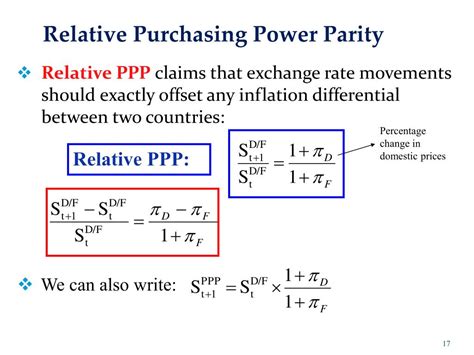 The purchasing power parity or ppp theory posit that the relative value of different currencies equates the real purchasing power of each currency in its own country. Relative Purchasing Power Parity Formula Example ...