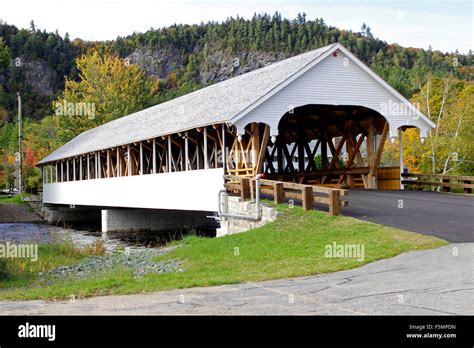 Covered Bridge With Foliage Stark New Hampshire New England Usa Stock