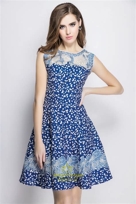 Blue Sleeveless Floral Print A Line Casual Summer Dress Vampal Dresses