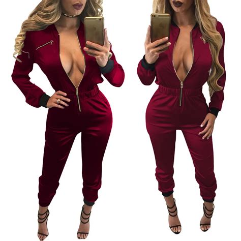 Imysen 2017 Autumn Winter Jumpsuit Sexy Deep V Collar Zipper Long Sleeve Women Jumpsuits Wine