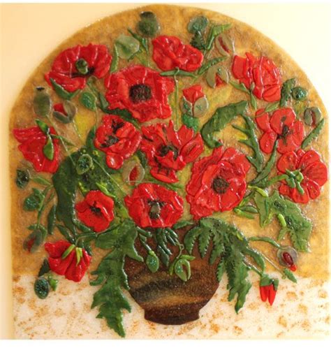 Fused Glass Red Poppies Mural Glass Mosaic Arched Panel By