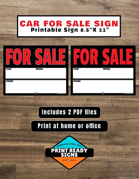 Car For Sale Sign Digital Download 85x11 Inches Pdf Format Printable