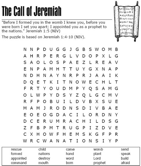 The Call Of Jeremiah Word Search Puzzle Bible Worksheets Sunday