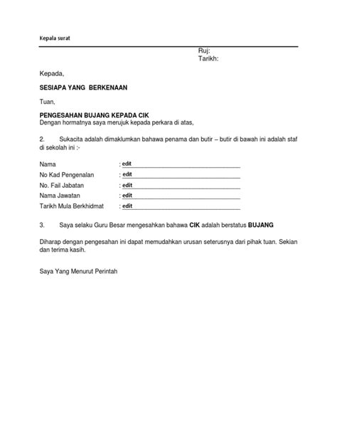 Contoh Surat Pengesahan Bujang Pdf