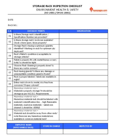 Most common fields which come with these editable, blank business inventory checklist templates include inventory number. Storage Rack inspection checklist