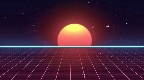 Retro futuristic 80s VHS tape video game intro landscape. Flight over the neon grid with sunrise ...