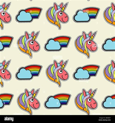 Vector Patch Unicorns And Rainbows Seamless Pattern Background With