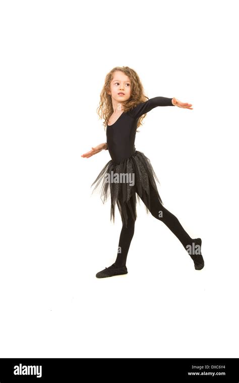 Dancer Ballerina Girl In Black Dress Isolated On White Background Stock
