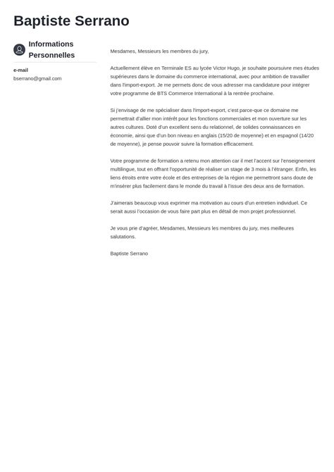 Exemple lettre de motivation BTS Commerce International (CI)