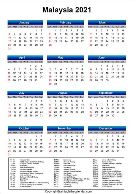 Malaysia Calendar 2021 With Holidays Free Printable Template