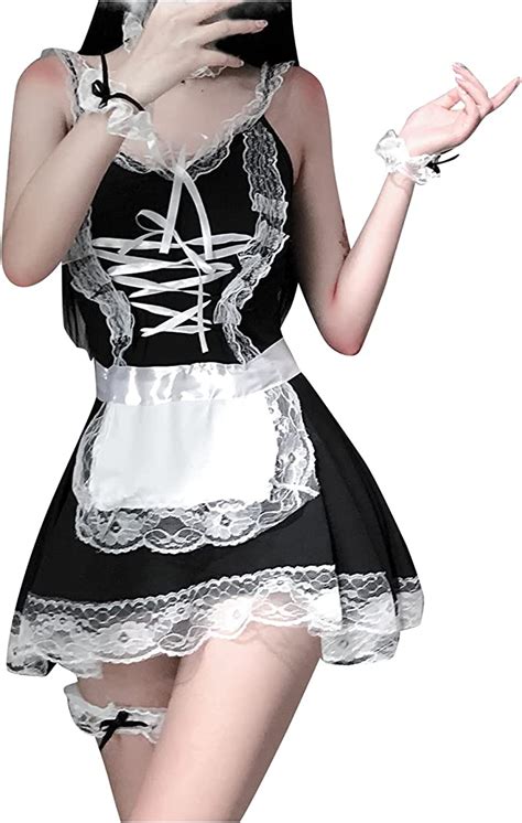 Women French Maid Costume Cosplay Roleplay Lingerie Outfit Uniform Sexy Lace Dress Naughty