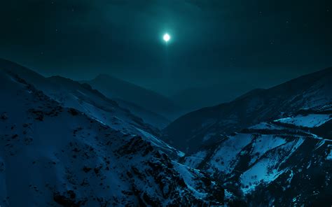 Mountains Moonlight Stars Snow Landscape Night Hd