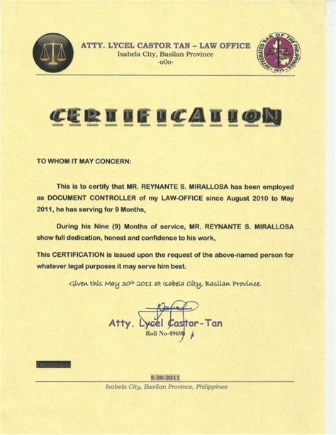 Certificate of employment, employment sample , employment certificate for office worker, employment certificate from. Certificate of employment castor tan law office SlideShare ...