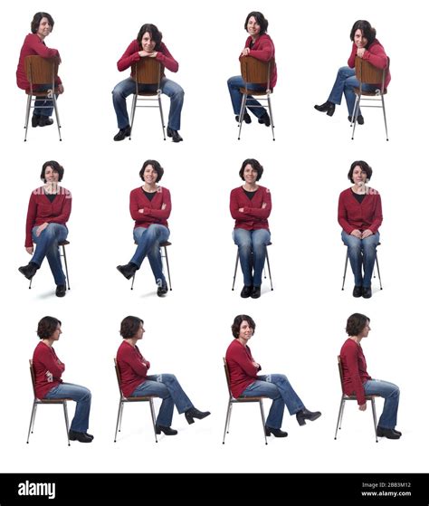 Woman Sitting On A Chair With Various Poses On White Stock Photo Alamy