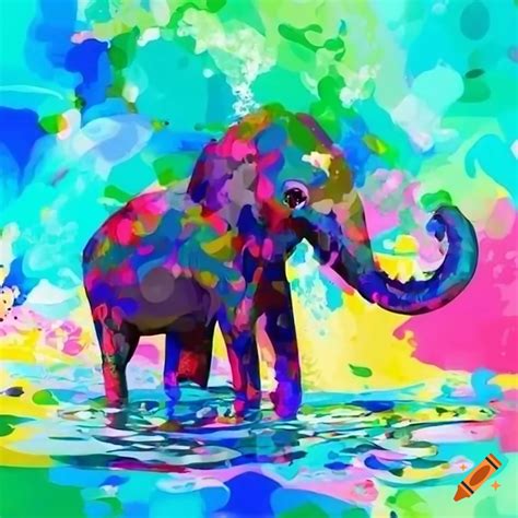 Colorful Artwork Of A Baby Elephant Splashing In A Pool On Craiyon