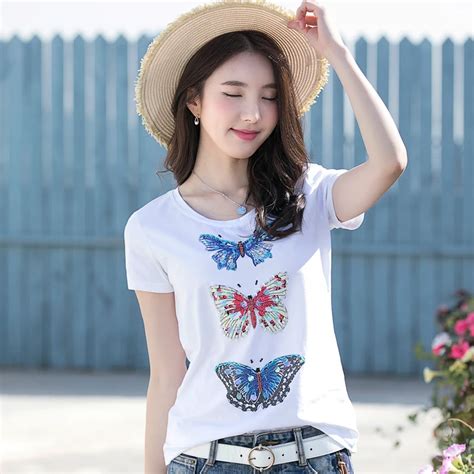 Keqi Women Brand Shirt Korean Slim Lady Butterflies Hand Beaded T Shirt