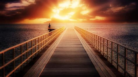 Magnificent Sunrise On A Pier R Sea Man Bright Clouds Pier R