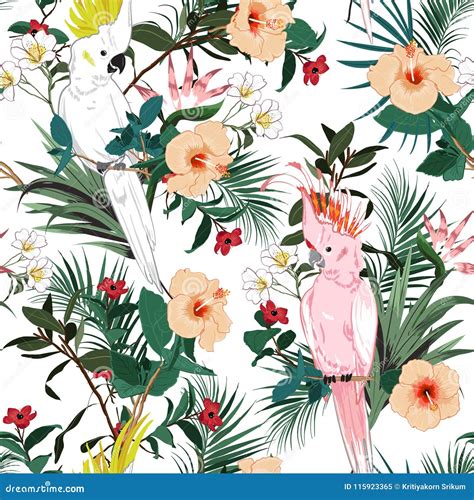 Beautiful Tropical Floral Print Parrot Bird In The Jungle And F Stock