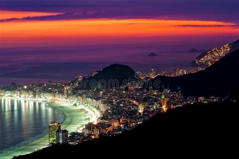 Night View Of Copacabana Beach In Rio De Janeiro Stock Images Image