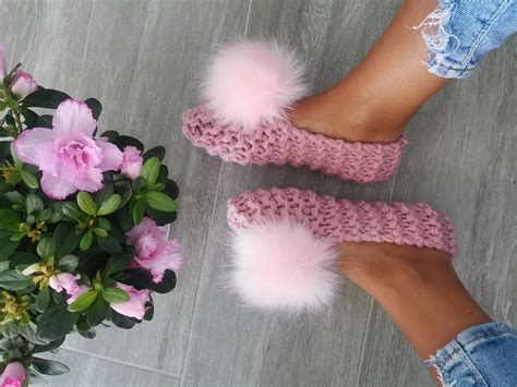 Women Slippers With Faux Fur Pom Pom Crochet Slippers Knitted Slippers