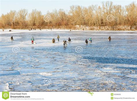 Fishermen On The Frozen River Editorial Image Image Of Season Frozen