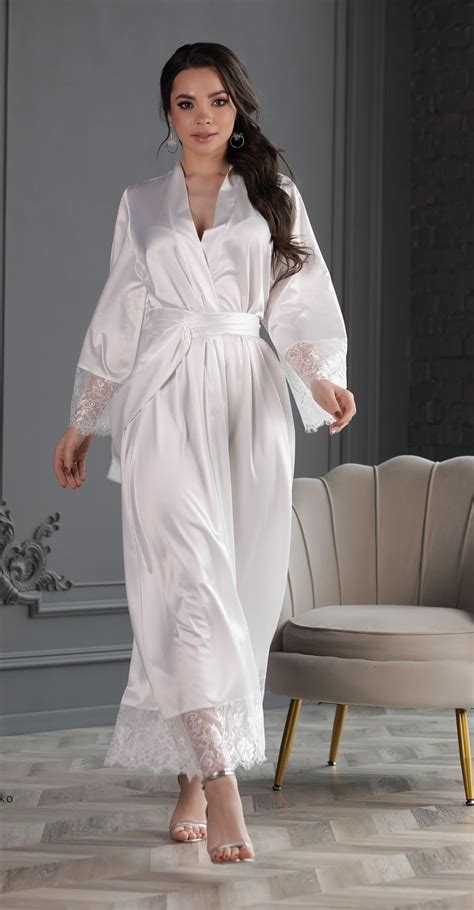 Silk Robe Long Silk Robe Wedding Robe For Woman White Lace Etsy
