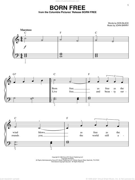 Born Free Easy Sheet Music For Piano Solo Pdf Interactive