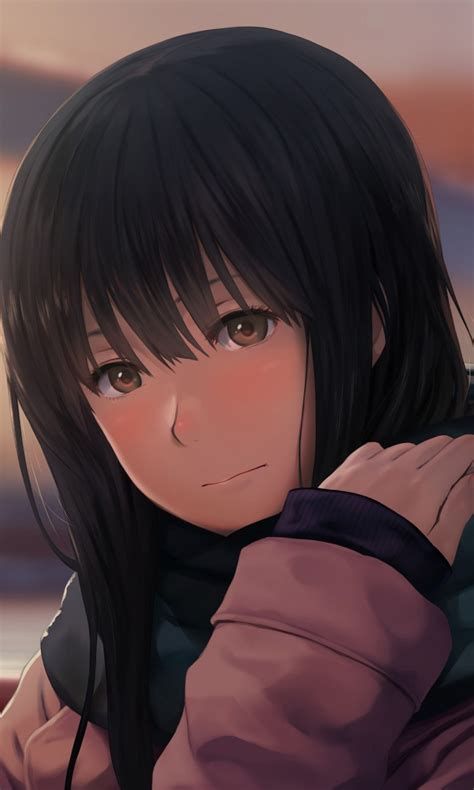 Download 768x1280 Anime Girl Black Hair Scarf Semi Realistic Winter