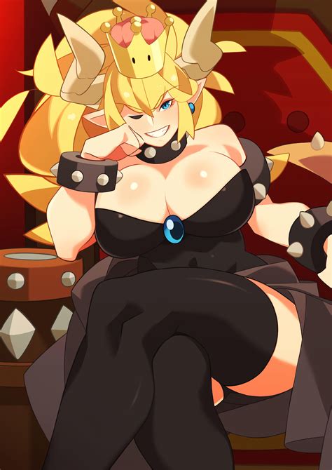 Rule 34 Absolute Territory Big Breasts Blonde Hair Blue Eyes Bowsette Cleavage Female Hand On