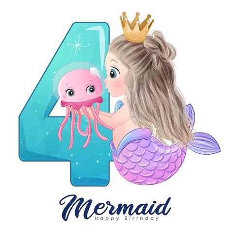 Cute Mermaid With Number 4 Digital Clipart Etsy