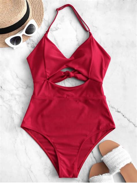 25 Off 2021 Zaful Halter Cutout High Cut One Piece Swimsuit In Red