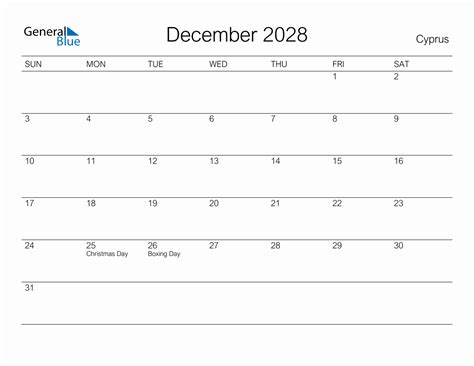 Printable December 2028 Monthly Calendar With Holidays For Cyprus