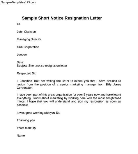 Basic Short Simple Resignation Letter Sample Demaxde