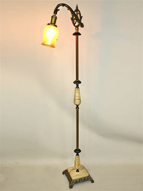Art Deco Bridge Floor Lamp W Caramel Swirled Slag Glass C 1930