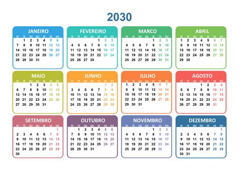 Calendário 2030 Calendarios365su