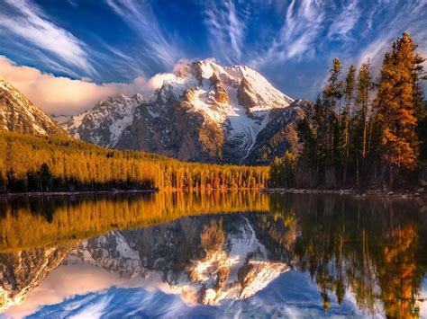 Mountains Snow Forest Trees Lake Water Reflection Wallpaper