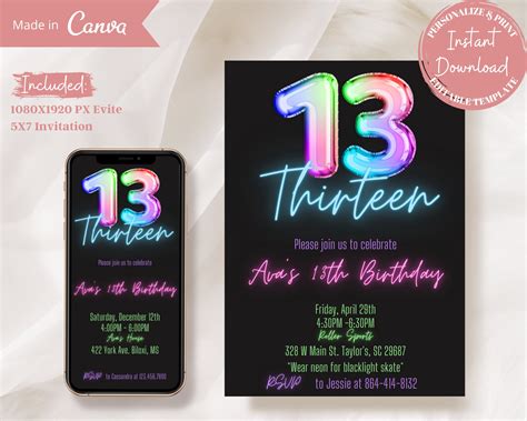 Neon 13th Birthday Invitation Glow Party Evite Thirteenth B Etsy