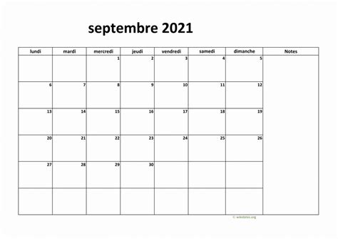 Calendrier Septembre 2021