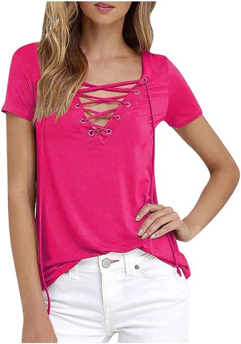 Tantisy Womens Sexy Deep V Neck Lace Up Criss Cross Short Sleeve Solid