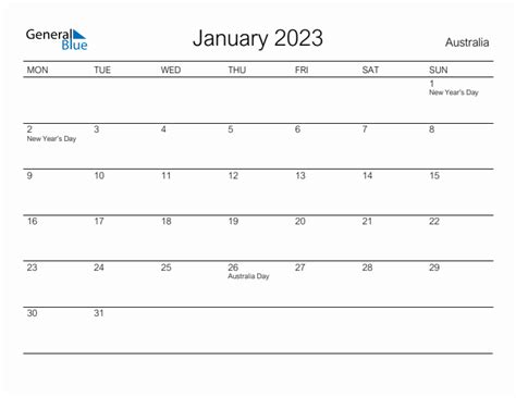 Printable January 2023 Monthly Calendar With Holidays For Australia
