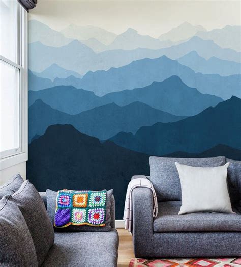 Mountain Mural Wallpaper Ocean Blue Ombre Mountain Extra Etsy Mural