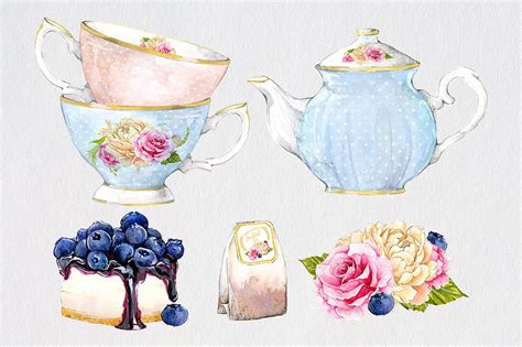 Watercolor Tea Party Clipart Teacup Teapot Blueberry Cake Bridal Shower