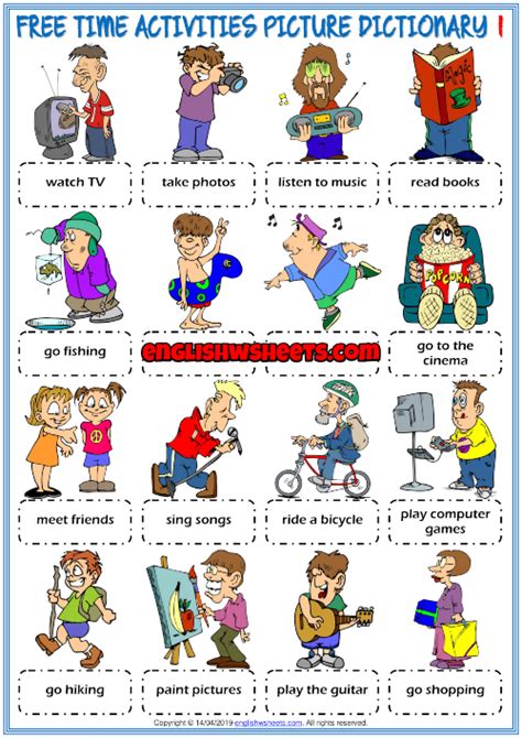 Free Time Activities Esl Picture Dictionary Worksheets Free Time