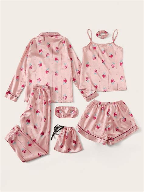 7Pcs Strawberry Print Satin Pajama Set SHEIN USA Satin Pyjama Set