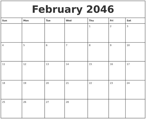 February 2046 Printable Monthly Calendar