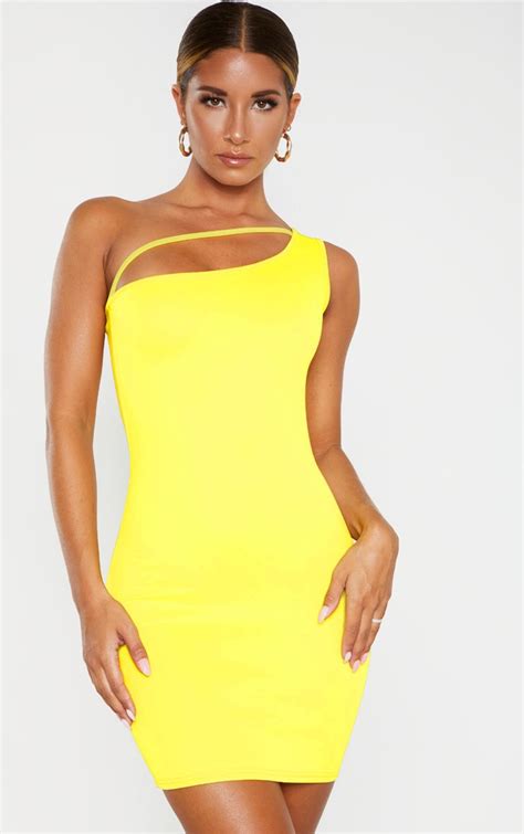 Yellow One Shoulder Strap Detail Bodycon Dress Prettylittlething