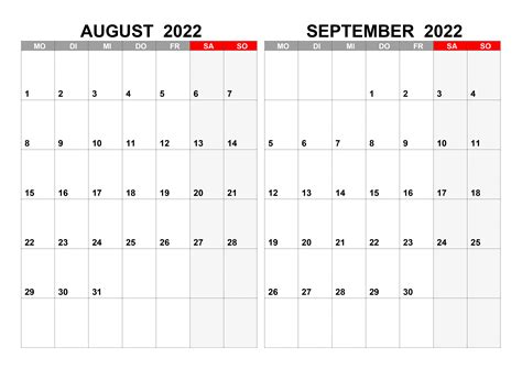 Kalender Für August September 2022 Kalendersu
