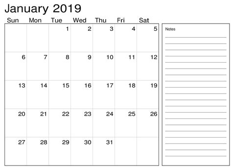 January 2019 Calendar Pdf With Notes Calendar Template Calendar