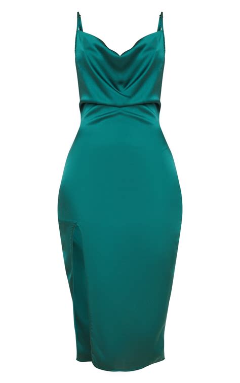 emerald green satin cowl midi dress dresses prettylittlething